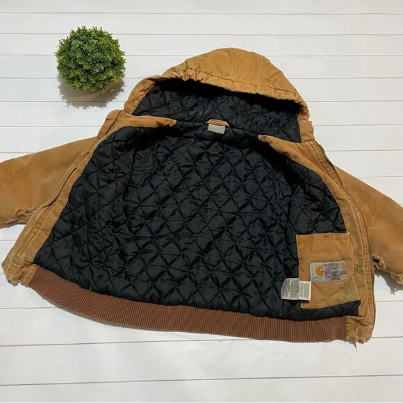 Carhartt Destroyed Distressed Brown Tan Full Zip Hooded Jacket Coat Boy XS‎ - Picture 12 of 14